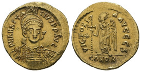 Anastasius I, AD 491-498. AV, Solidus. 4.46 g. 21.41 mm. Constantinople.
Obv: D N ANASTA - SIVS PP AVG. Three-quarter view bust of Anastasius I facin...