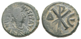 Justin I, AD 518-527. AE, Pentanummium. 2.62 g. 14.41 mm. Constantinople.
Obv: DN IVSTINVS PP AV. Pearl diademed, draped, cuirassed bust of Justin to ...
