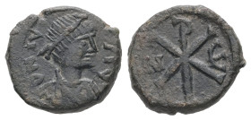 Justin I (?), AD 518-527. AE, Pentanummium. 2.18 g. 13.20 mm. Constantinople.
Obv: [DN IVSTINVS PP AV]. Pearl diademed, draped, cuirassed bust of Just...
