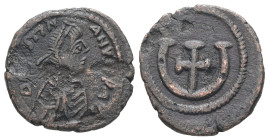 Justinian I, AD 527-565. AE, Pentanummium. 2.33 g. 18.21 mm. Theoupolis (Antiochia).
Obv: D [N IVS]TIN[I] ANVS [PP AVG]. Diademed, draped, and cuirass...