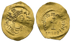 Maurice Tiberius, AD 582-602. AV, Tremissis. 1.45 g. 18.37 mm. Constantinople.
Obv: D N TibЄ-RI P P AVC. Pearl diademed, draped, cuirassed bust right....