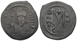Maurice Tiberius, AD 582-602. AE, Follis. 13.17 g. 35.13 mm. Constantinople.
Obv: [DN] MAVRIC TIBER PP AV. Helmeted and cuirassed bust facing, holding...