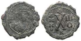 Maurice Tiberius, AD 582-602. AE, Decanummium. 2.81 g. 18.70 mm. Theoupolis (Antioch). 
Obv: Frontal bust of Maurice wearing loros and crown with cros...