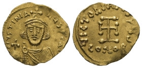 Justinian II, firstreign, AD 685-695. AV, Tremissis.1.46 g. 16.49 mm. Constantinople.
Obv: D IЧSTINIA-NЧS PE AV.Crownedbust of Justinian II facing, w...