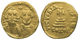 Heraclius with Heraclius Constantine, AD 610-641. AV, Solidus. 4.26 g. 19.60 mm. Constantinople.
Obv: [δδ NN hЄRACLIЧS ЄT hЄRA CONST PP AV]. To left, ...
