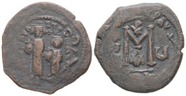 Heraclius and Heraclius Constantine, AD 610-641. AE, Follis. 11.62 g. 31.11 mm. Constantinople.
Obv: Crowned and draped facing busts of Heraclius and ...