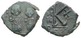 Heraclius and Heraclius Constantine, AD 610-641. AE, Half Follis. 3.84 g. 19.26 mm. Thessalonica.
Obv: Crowned and draped facing busts of Heraclius an...