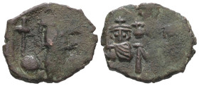 Constans II, Constantine IV, Heraclius and Tiberius, AD 641-668. AE, Follis. 4.43 g. 22.37 mm. Constantinople.
Obv: Helmeted bust of Constans facing, ...