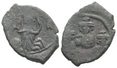 Constans II, Constantine IV, Heraclius and Tiberius, AD 641-668. AE, Follis. 4.41 g. 24.55 mm. Constantinople.
Obv: Helmeted bust of Constans facing, ...