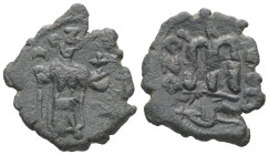 Constans II, AD 641-668. AE, Follis. 4.58 g. 25.09 mm. Constantinople.
Obv: [EN T૪ - TO NIKA]. Constans II standing facing, wearing crown surmounted b...