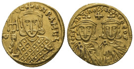 Constantine V Copronymus, Leo IV and Leo III, AD 741-775. AV, Solidus. 4.45 g. 20.96 mm. Constantinople.
Obv: COҺSτAҺτIҺOS S LЄOҺ O ҺЄOS. Crowned, eq...