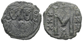 Leo III 'the Isaurian' and Constantine V, AD 717-741. AE, Follis. 4.70 g. 22.14 mm. Constantinople.
Obv: [LEOҺ]- SC-OҺSƮ. The busts of Leo, with short...