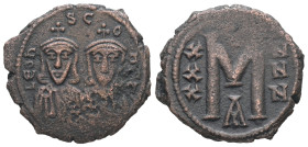 Leo III 'the Isaurian' and Constantine V, AD 717-741. AE, Follis. 4.91 g. 24.57 mm. Constantinople.
Obv: LEOҺ- SC-OҺ[S]Ʈ. The busts of Leo, with short...