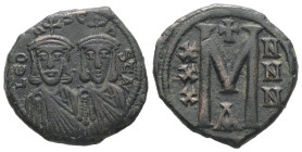 Leo III 'the Isaurian' and Constantine V, AD 717-741. AE, Follis. 5.44 g. 21.95 mm. Constantinople.
Obv: LEOҺ- SC-OҺSƮA. The busts of Leo, with short ...