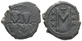 Leo III 'the Isaurian' and Constantine V, AD 717-741. AE, Follis. 8.03 g. 25.73 mm. Constantinople.
Obv: LEOҺ- SC-OҺSƮ. The busts of Leo, with short b...