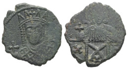 Constantine VI and Irene, AD 780-797. AE, Follis. 2.51 g. 19.82 mm. Constantinople.
Obv: Crowned bust of Irene wearing loros, holding cross on globe a...