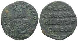 Leo VI the Wise, AD 886-912. AE, Follis. 5.90 g. 24.79 mm. Constantinople.
Obv: + LЄOҺЬAS-ILЄVSROM. Frontal bust of Leo VI with short beard wearing ch...