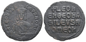 Leo VI the Wise, AD 886-912. AE, Follis. 6.32 g. 27.15 mm. Constantinople.
Obv: + LЄOҺЬAS-ILЄVSROM. Frontal bust of Leo VI with short beard wearing ch...