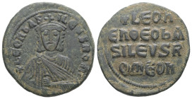 Leo VI the Wise, AD 886-912. AE, Follis. 7.78 g. 27.40 mm. Constantinople.
Obv: + LЄOҺЬAS-ILЄVSROM. Frontal bust of Leo VI with short beard wearing ch...