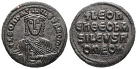 Leo VI the Wise, AD 886-912. AE, Follis. 3.39 g. 26.87 mm. Constantinople.
Obv: + LЄOҺЬAS-ILЄVSROM. Frontal bust of Leo VI with short beard wearing ch...
