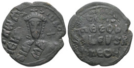 Constantine VII Porphyrogenitus, AD 913-959. AE, Follis. 5.56 g. 27.54 mm. Constantinople. Overstruck.
Obv: CONSTbA-SILROM. Frontal bust of Constantin...