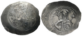 Alexius I, AD 1081-1118. Bl, Aspron Trachy. 4.21 g. 30.90 mm. Constantinople.
Obv: IC-[XC] to left and right of Christ, nimbate, seated facing, holdin...