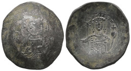 Alexius I, AD 1081-1118. Bl, Aspron Trachy. 4.00 g. 29.97 mm. Constantinople. 
Obv: IC-[XC] to left and right of Christ, nimbate, seated facing, holdi...