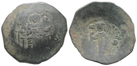 Manuel I Comnenus, AD 1143-1180. AE, Trachy. 6.10 g. 31.41 mm. Constantinople.
Obv: M[P ΘV]. The Virgin Mary seated facing on throne. 
Rev: [MANOVHΛ] ...