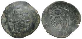 Manuel I Comnenus, AD 1143-1180. AE, Trachy. 2.77 g. 29.55 mm. Constantinople.
Obv: IC / XC. Christ, bearded and nimbate, wearing tunic and kolobion, ...