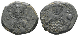 Manuel I Comnenus, AD 1143-1180. AE, Tetarteron. 2.63 g. 17.58 mm. Constantinople.
Obv: Nimbate bust of Christ facing; wearing pallium and colobium an...