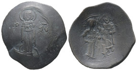 Andronicus I Comnenus, AD 1183-1185. AE, Trachy. 3.48 g. 29.10 mm. Constantinople.
Obv: MHP – ΘV. The Virgin, nimbate, standing facing on dais, wearin...