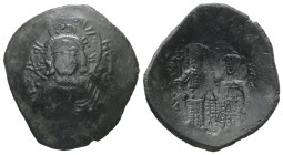Alexius III Angelus Comnenus. AD 1195-1203. AE, Aspron Trachy. 3.24 g. 26.51 mm. Constantinople. 
Obv: Facing bust of Christ Pantokrator.
Rev: Alexius...