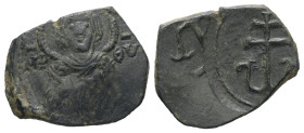 Latin rulers of Thessalonica. 1204-1224 AD. AE, Half Tetarteron. 1.58 g. 17.95 mm. Thessalonica.
Obv: MP-ΘV. Virgin Mary nimbate, bust facing.
Rev: Pa...