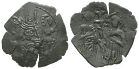 Empire of Nicaea. John III Ducas Vatatzes, AD 1222-1254. AE, Trachy. 1.61 g. 24.20 mm. Thessalonica.
Obv: MP - ΘV. The Virgin Mary, orans, seated faci...