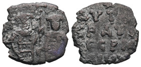 Andronicus II Palaeologus and Michael IX, AD 1295-1320. AE, Assarion. 1.51 g. 19.96 mm. Constantinople.
Obv: AVT[OK]PAT[OR]EC P[WMAIWN]. Legend in fou...