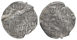 Andronicus III Paleologus, AD 1328-1341. AR, Half Basilikon. 0.88 g. 16.05 mm. Constantinople.
Obv: O[A]ΓIOC – ΔHMHTΡ. St. Demetrios standing, nimbate...