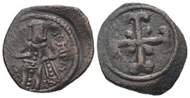 Andronicus III Palaeologus, AD 1328-1341. AE, Assarion. 1.54 g. 21.47 mm. Constantinople.
Obv: Andronicus, standing, holding sceptre.
Rev: Cross with ...