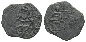 John V Palaeologus, AD 1341-1391. AE, Tornese. 2.53 g. 17.81 mm. Constantinople.
Obv: Standing facing figures of St. Constantine on the left and Helen...