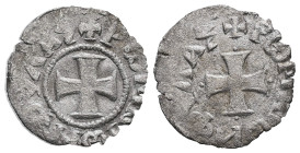 Politikon Coinage. John V Palaeologus. AD 1341-1391. Bl, Tornese. 0.57 g. 17.07 mm. Constantinople.
Obv: PWΜΑΙWΝ ΦVΛΑ[.]. Cross potent.
Rev: PWΜΑΙWΝ Φ...