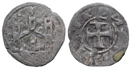 Politikon Coinage. John V Palaeologus, AD 1341-1391. Bl, Tornese. 0.62 g. 17.00 mm. Constantinople.
Obv: City walls with four towers; cross between tw...