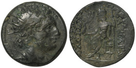 SELEUKID KINGS. Posthumous Issues of Antiochos IV. Antioch on the Orontes. 
AE Bronze (20mm, 7,91g)
Obv: Radiate head right 
Rev: Zeus Nikephoros seat...