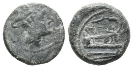 Corn-ear and KA series, Sicily, c. 211-208 BC. Æ Sextans (19mm, 6.26g). Head of Mercury r. wearing winged petasus. R/ Prow of galley r.; grain ear abo...