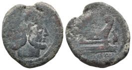 Dolphin series, Uncertain mint in Sicily, 209-208 BC. Æ As (32mm, 21.55g). Laureate head of bearded Janus; | (mark of value) above. R/ Prow of galley ...