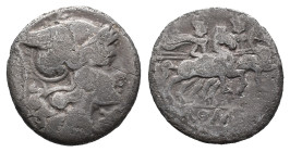 Uncertain series, c. 3rd-2nd century BC. AR Denarius (18mm, 3.39g). Helmeted head of Roma r. R/ The Dioscuri, each holding spear, on horseback r. Fair