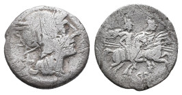 GR series(?), Uncertain mint, 199-170 BC. AR Denarius (18mm, 3.19g). Helmeted head of Roma r. R/ The Dioscuri, each holding spear, on horseback r. Cf....