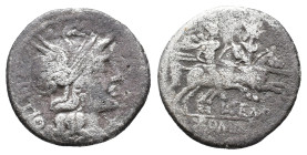 L. Sempronius Pitio, Rome, 148 BC. AR Denarius (20mm, 3.75g). Helmeted head of Roma r. R/ Dioscuri on horseback riding r. Crawford 216/1. Fair