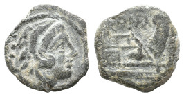 C. Aburius Geminus, Rome, 134 BC. Æ Quadrans (17mm, 3.21g). Head of Hercules r., wearing lion's skin headdress. R/ Prow of galley r.; C • (ABVR)I/GEM ...
