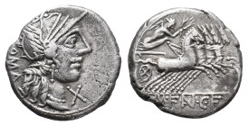 M. Fannius C.f. Rome, 123 BC. AR Denarius (18mm, 3.86g). Helmeted head of Roma r. R/ Victory driving galloping quadriga r., holding reins and wreath. ...