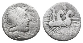 Q. Minucius Rufus, Rome, 122 BC. AR Denarius (17mm, 2.73g). Helmeted head of Roma r. R/ Dioscuri on horseback riding r. Crawford 277/1. Fair