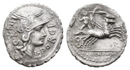 L. Porcius Licinus, Serrate Denarius, Rome, 118 BC. AR (20mm, 3.62g). Helmeted head of Roma r. R/ Warrior, Bituitus, in galloping biga r., holding spe...